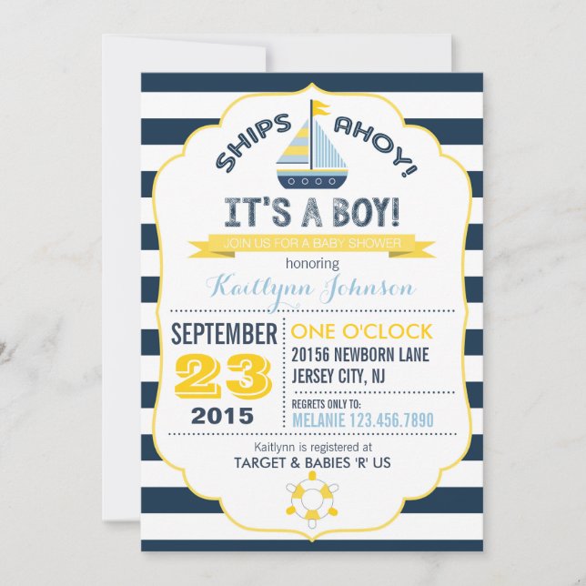 Invitación náutica de Baby Shower del ancla y de (Anverso)