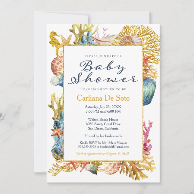 Invitación náutica de Baby Shower del Seashell de (Anverso)