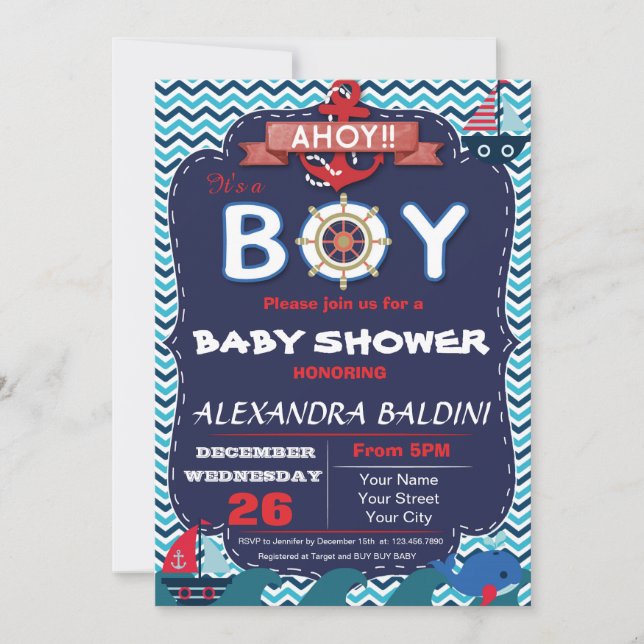 Invitación náutica de Baby Shower para un muchacho (Anverso)