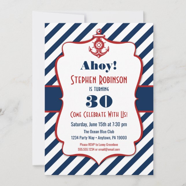 Invitación Náutica de Cumpleaños - Ancla de hombre (Anverso)