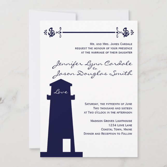 Invitación náutica de la boda del ancla del faro (Anverso)