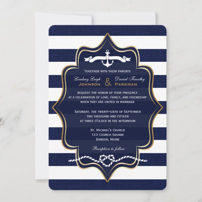 Invitación Náutica de la marina, FAUX Burlap Stripes Boda 2 (Anverso)