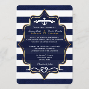 Invitación Náutica de la marina, FAUX Burlap Stripes Boda 2