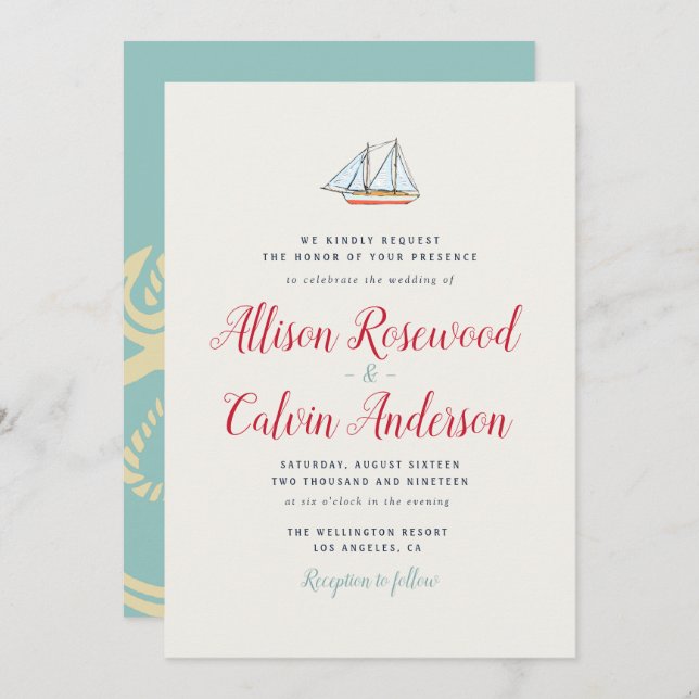 Invitación náutica del boda del barco precioso (Anverso / Reverso)