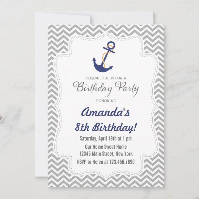 Invitación náutica del cumpleaños del ancla (Anverso)