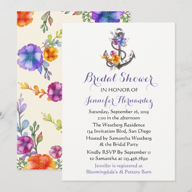 Invitación Náutica floral morada Anchor naútico (Anverso / Reverso)