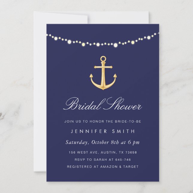 Invitación Náutica: Marina de oro invitada a ducha de novia (Anverso)