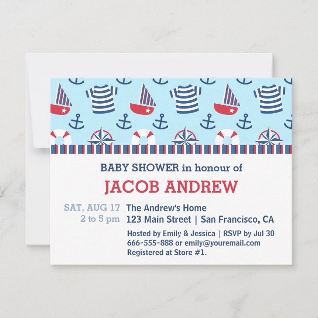 Invitación Náutica Marítima Nautica Ducha de bebé (Anverso)