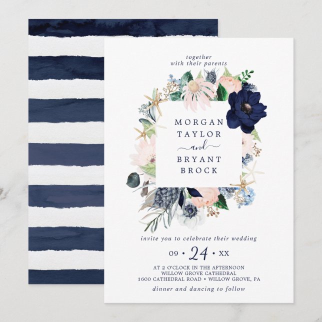 Invitación Náutica moderna | Boda de cuadro cuadrado floral (Anverso / Reverso)
