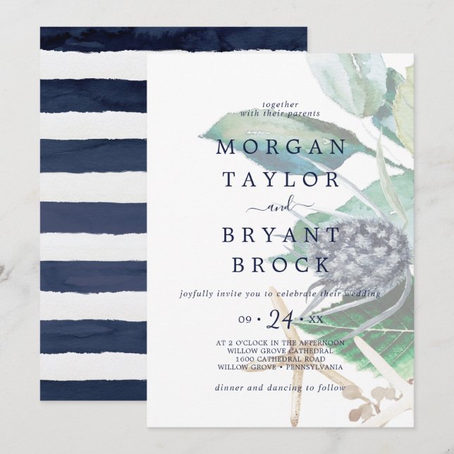Invitación Náutica moderna | Boda de vegetación desgastada (Anverso / Reverso)