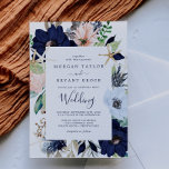 Invitación Náutica moderna | Boda floral<br><div class="desc">Esta moderna tarjeta náutica floral es perfecta para una boda de crucero o de playa. El diseño es llamativo,  con flores de color rosa y azul marino con acentos dorados de estrella de mar,  lo que le da un ambiente de playa.</div>