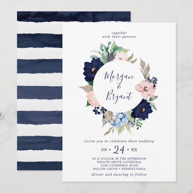Invitación Náutica moderna | Boda Floral Wreath (Anverso / Reverso)