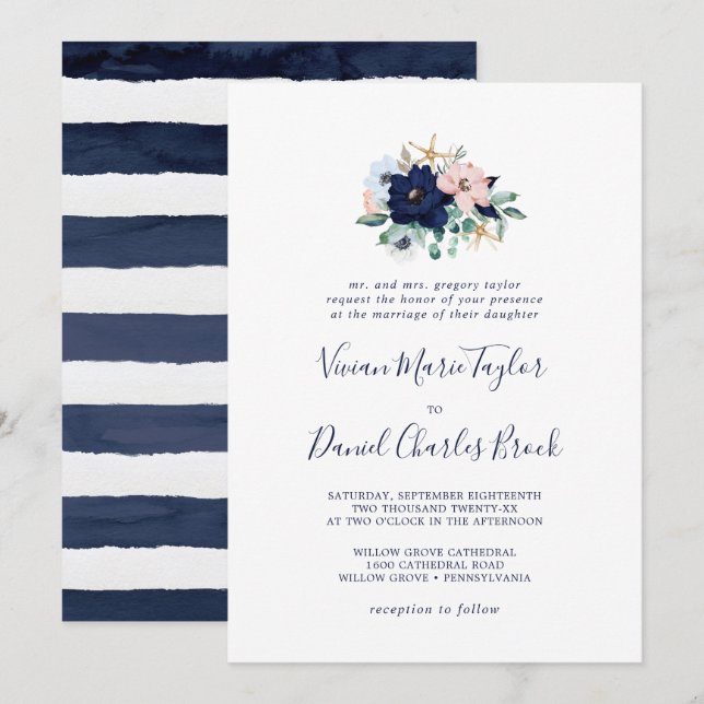 Invitación Náutica moderna | Boda tradicional floral (Anverso / Reverso)