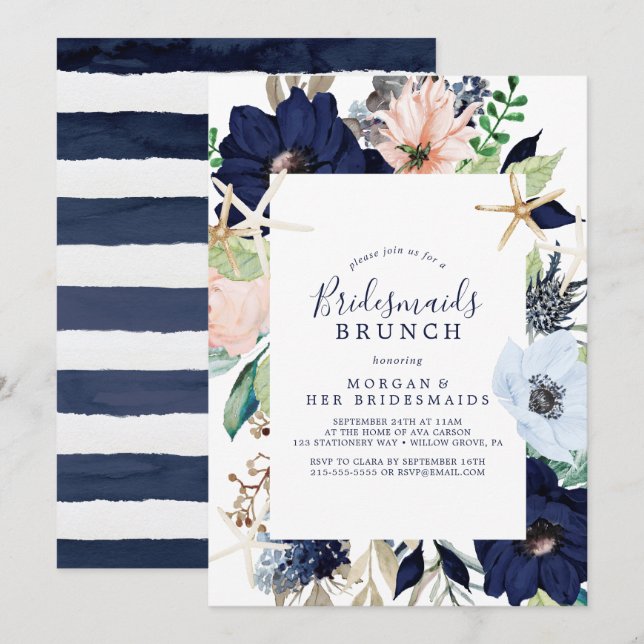 Invitación Náutica moderna | Brunch Floral Bridesmaids (Anverso / Reverso)