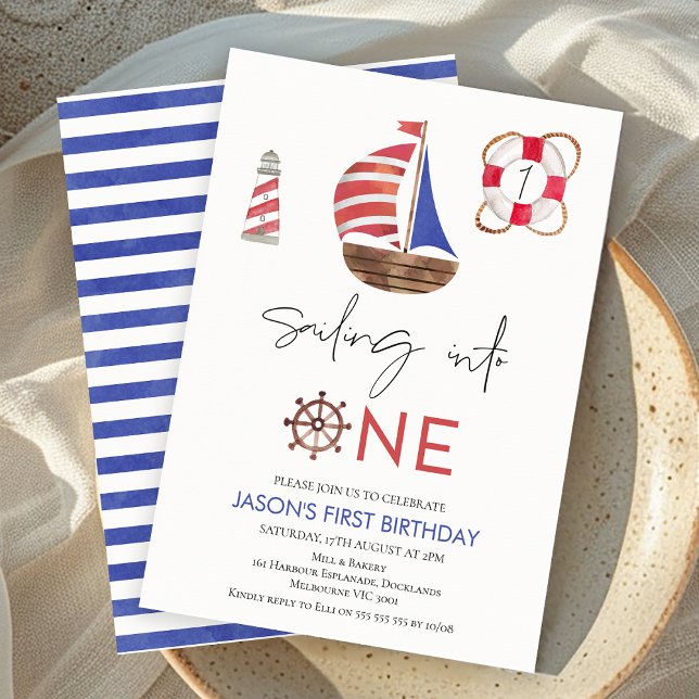 Invitación Náutica Náutica Azul y Roja Primer cumpleaños (Nautical Sailing Into 1st Birthday Invite Boy Sailing Boats Party Invitation Printable Navy Blue Red)