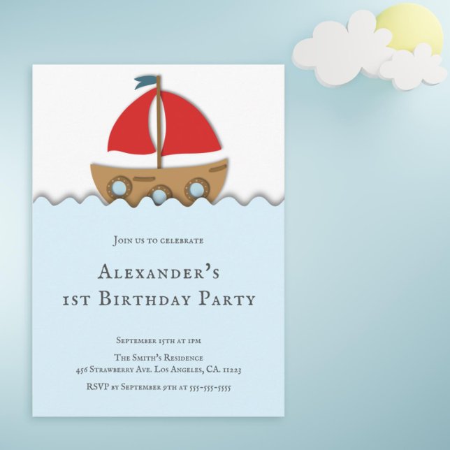 Invitación Náutica Náutica moderna Primer cumpleaños (Cute first birthday party invitation with a boat illustration)