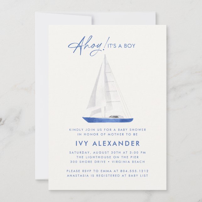 Invitación Náutica Náutica Sailboat Boy Baby Shower (Anverso)