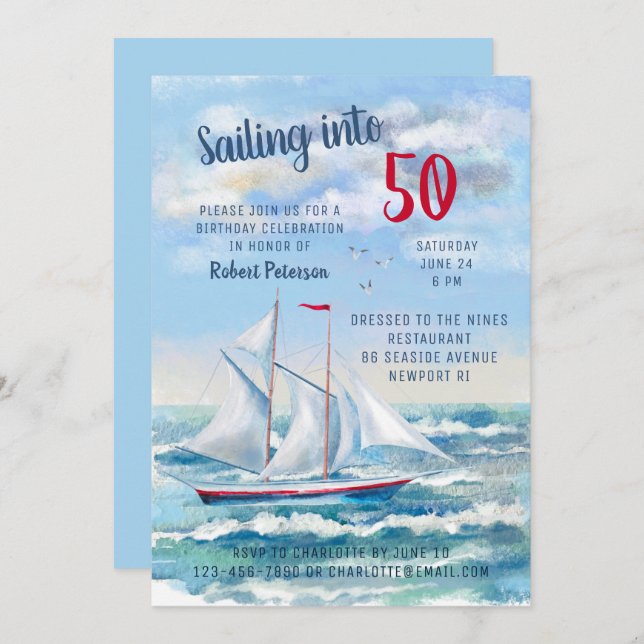 Invitación Náutica Náutica Yate de Vela 50 cumpleaños (Anverso / Reverso)
