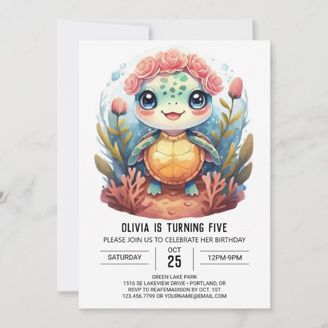 Invitación Náutica Nautical Turtle Chica Cumpleaños (Anverso)