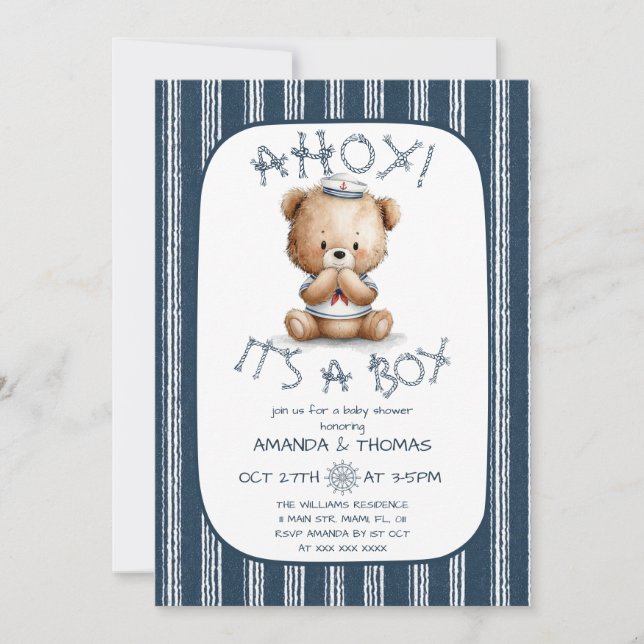 Invitación Náutica Oye Oso Niño Baby Shower  (Anverso)