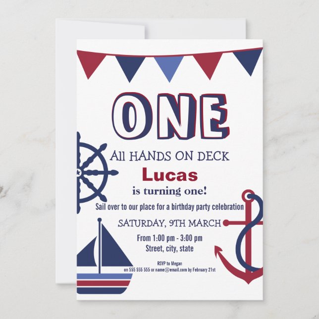 Invitación náutica para el primer cumpleaños de ni (Anverso)