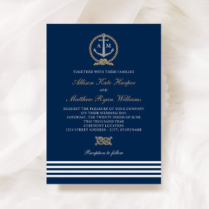 Invitación Náutica Tan Anchor Stripes Boda Monograma