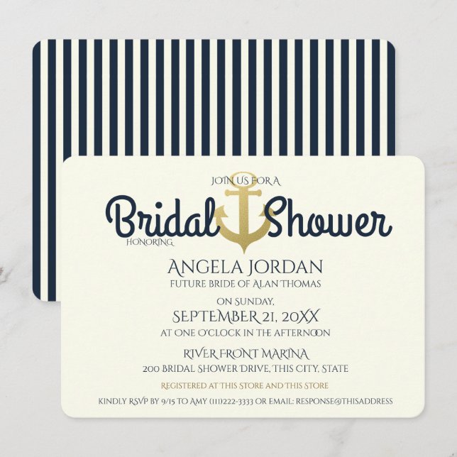 Invitación Náutica y ducha de novias con ancla de oro (Anverso / Reverso)