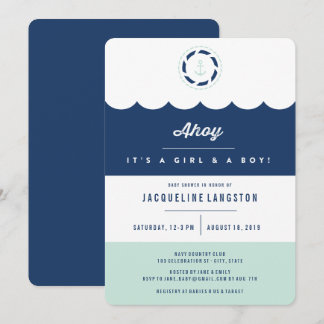 Invitación Náutica y Mint Ahoy Twins Moda Baby Shower
