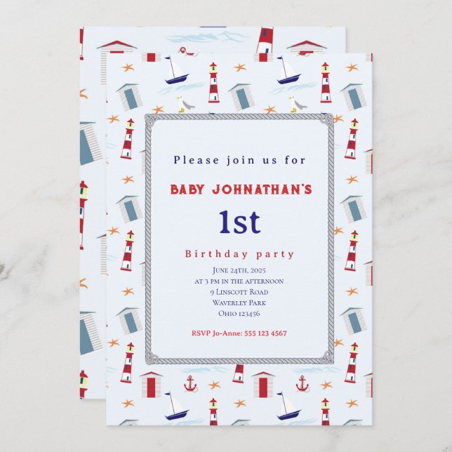 Invitación Nautical 1st Birthday Sailboat Birthday Party (Anverso / Reverso)