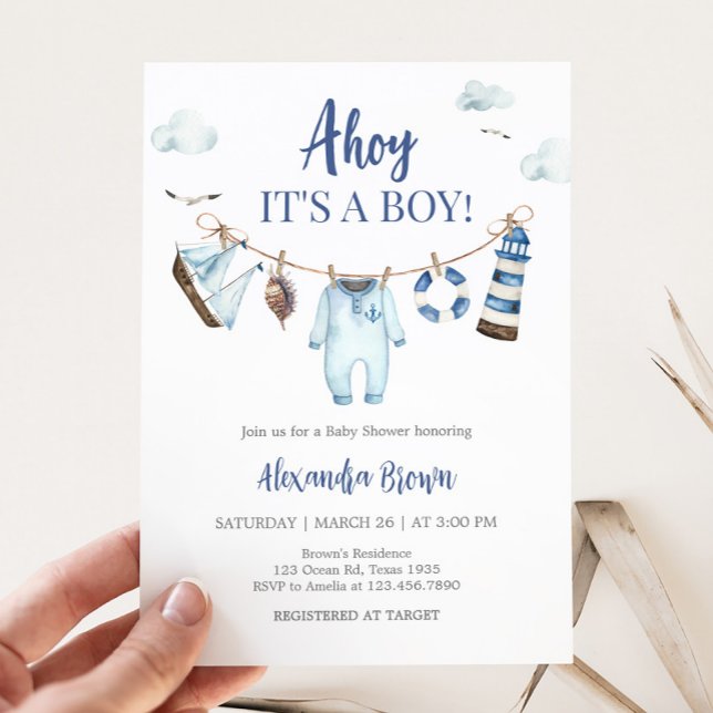 Invitación Nautical Ahoy Baby Shower (Nautical Ahoy Clothesline Baby Shower Invitation)