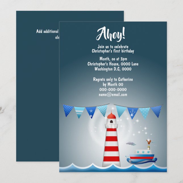 Invitación Nautical ahoy faro de barco azul chicos del mar (Anverso / Reverso)