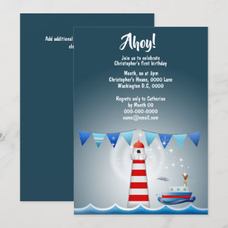 Invitación Nautical ahoy faro de barco azul chicos del mar