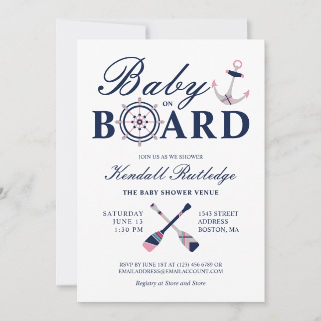 Invitación Nautical Anchor Baby On Board Chica Baby Shower (Anverso)