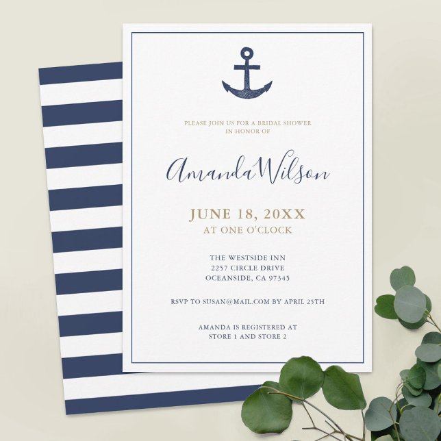 Invitación Nautical Anchor Blue White Gold Bridal Shower (Subido por el creador)