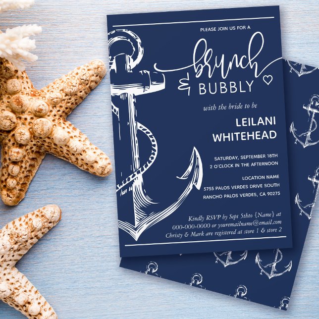 Invitación Nautical Anchor Brunch Bubbly Bridal Shower Navy (Subido por el creador)