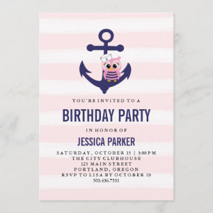 Invitación Nautical Anchor con Owl y Stripe Cumpleaños