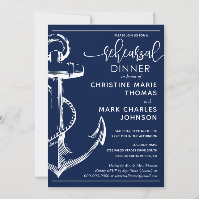 Invitación Nautical Anchor Ensayo Boda Cena Naval (Anverso)