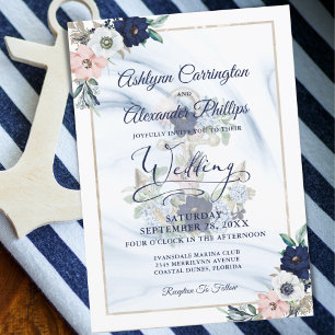 Invitación Nautical Anchor Floral Elegante Marina Azul