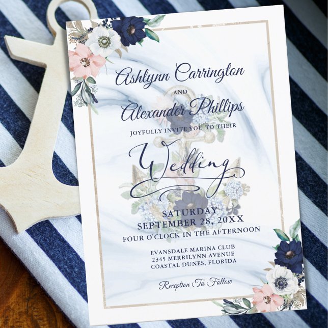 Invitación Nautical Anchor Floral Elegante Marina Azul (Subido por el creador)