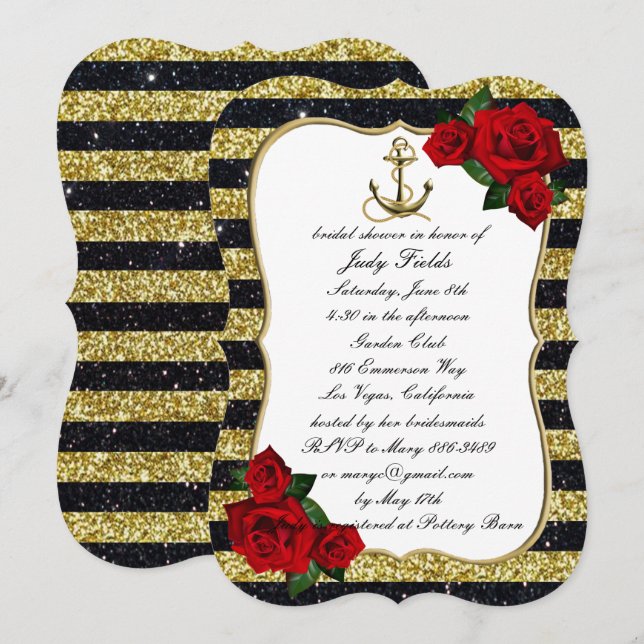 Invitación Nautical Anchor Gold Black Stripes Bridal Shower (Anverso / Reverso)