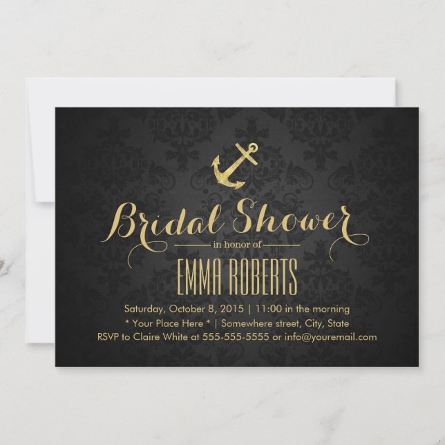 Invitación Nautical Anchor Moderna Ducha Negra & Oro Bridal (Anverso)