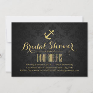Invitación Nautical Anchor Moderna Ducha Negra & Oro Bridal