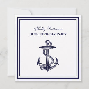 Invitación Nautical Anchor Naval Azul enmarcada en fiesta de