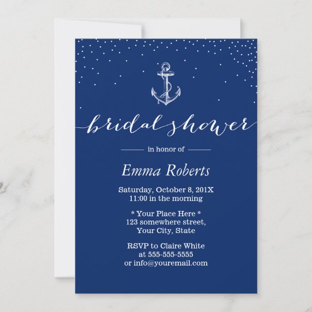 Invitación Nautical Anchor Naval Blue Bridal Shower (Anverso)