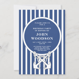 Invitación Nautical Anchor Navy Bandas Azules Cumpleaños
