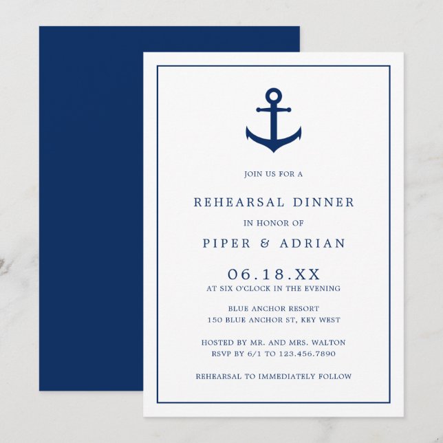 Invitación Nautical Anchor Navy Blue Elegal Ensayo Cena (Anverso / Reverso)