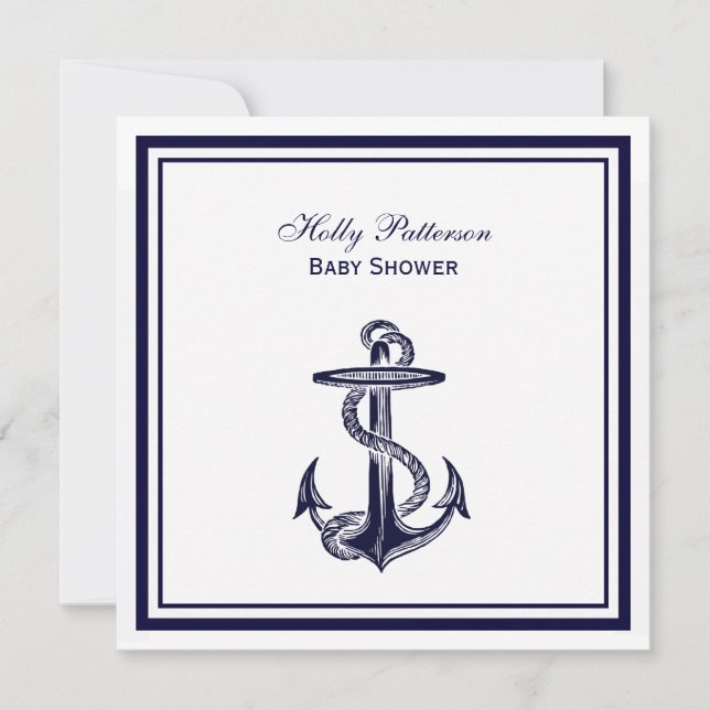 Invitación Nautical Anchor Navy Blue Framed 2SQ Baby Shower (Anverso)