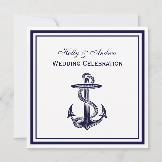 Invitación Nautical Anchor Navy Blue Framed 2SQ Boda (Anverso)