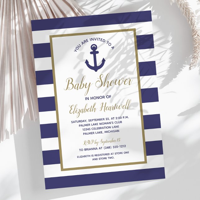 Invitación Nautical Anchor Navy Blue Striped Boy Baby Shower (Subido por el creador)