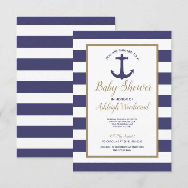 Invitación Nautical Anchor Navy Blue Stripes Boy Baby Shower (Anverso / Reverso)